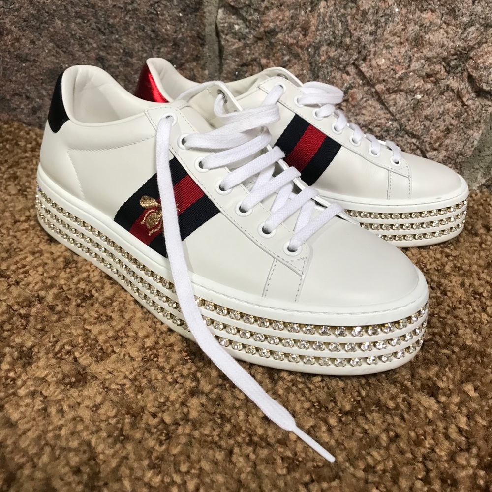 Gucci Leather Bee Web Detail New Ace Crystal Embellished Platform Sneakers